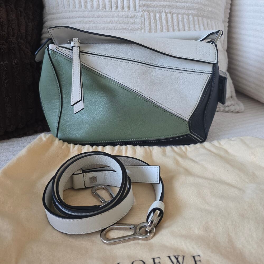 LOEWE Puzzle Bag Small Tricolor Green White Black Leather Crossbody